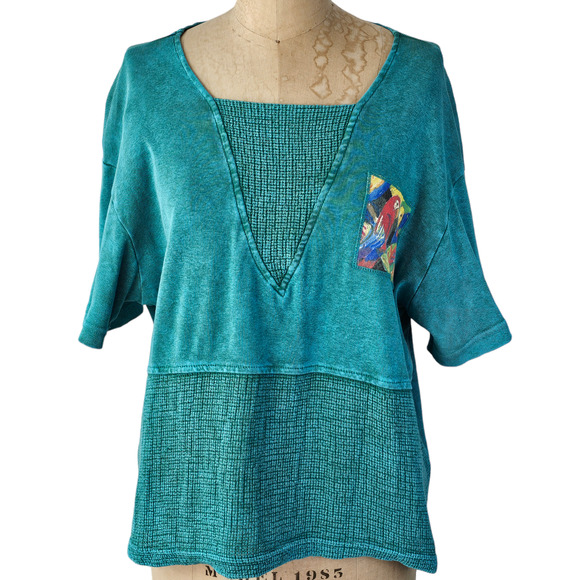 Top Y2K Michael Leu green knit parrot patch oversized shirt Medium - Picture 1 of 7